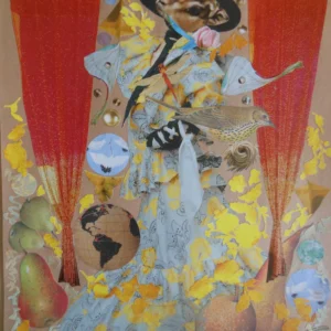 Ms. Pronghorn in Prairie Dress Between Red Curtains